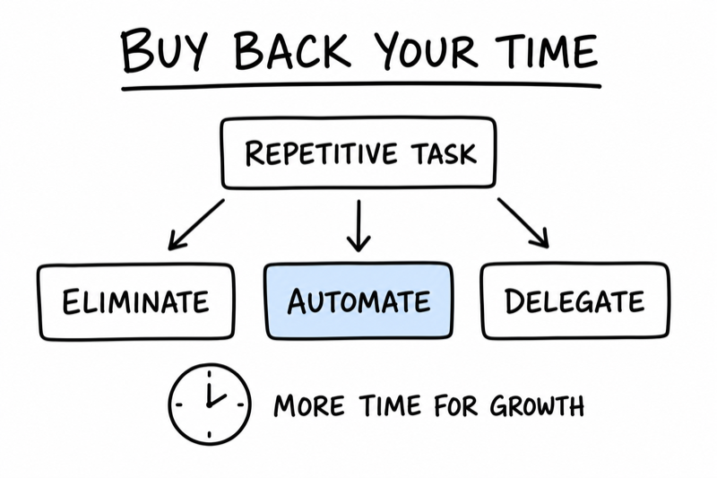 Whiteboard diagram showing repetitive tasks being eliminated, automated, or delegated to buy back time for growth