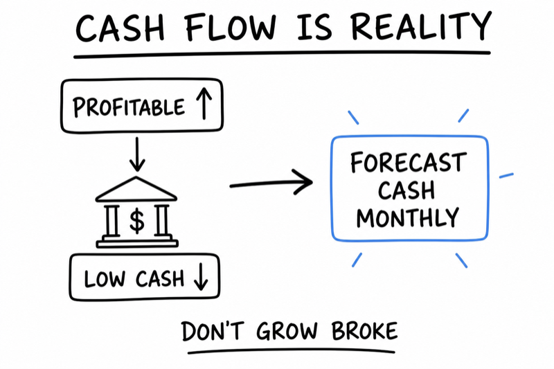 Whiteboard diagram showing that a business can be profitable but still low on cash, and that cash flow must be forecast monthly