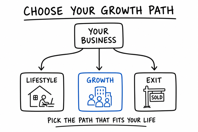 Whiteboard diagram showing a business branching into three paths: lifestyle, growth, and exit