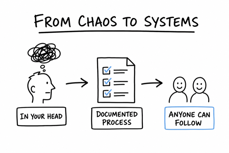 Whiteboard diagram showing a founder moving from processes stuck in their head to a documented system others can follow