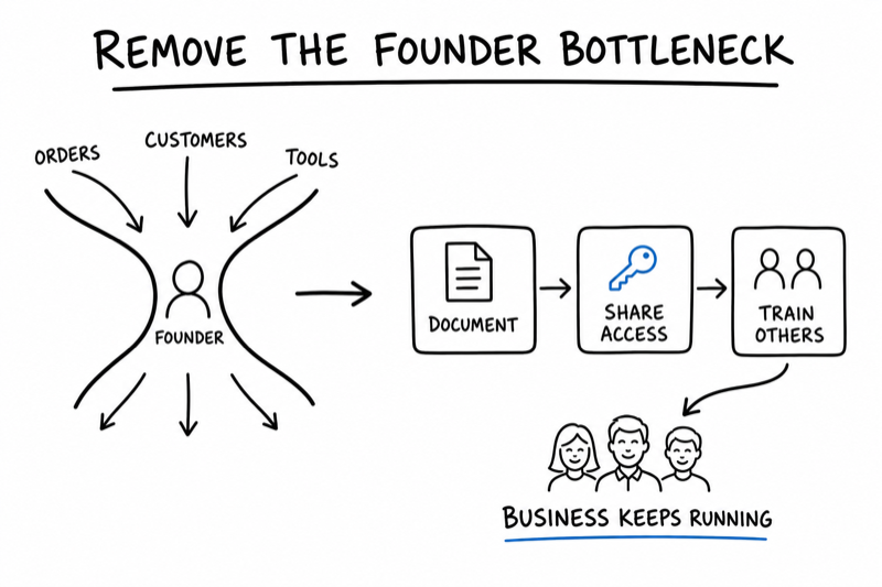 Whiteboard diagram showing how to remove the founder bottleneck by documenting, sharing access, and training others