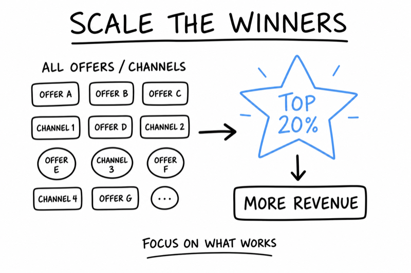 Whiteboard diagram showing the top twenty percent of offers or channels being scaled because they drive most revenue