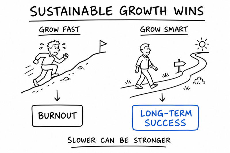Whiteboard diagram comparing fast growth that leads to burnout with sustainable growth that leads to long-term success