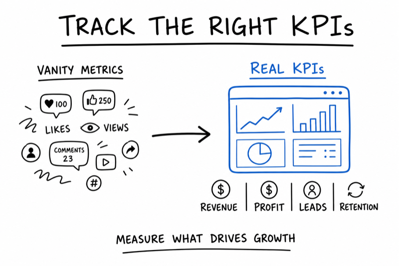 Whiteboard diagram showing the difference between vanity metrics and real KPIs like revenue, profit, leads, and retention