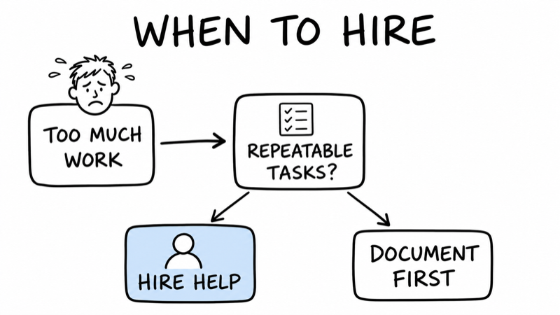 Whiteboard decision diagram showing when a founder should hire help or document processes first