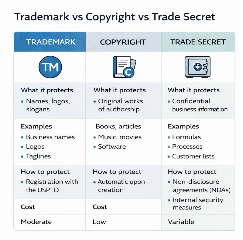 Comparison of trademark, copyright, and trade secret protection